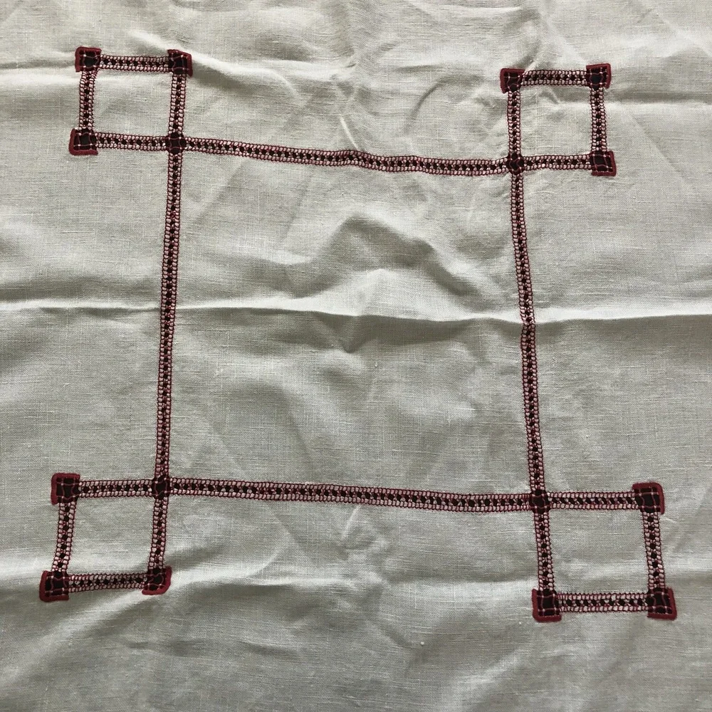 Vintage White Red Linen Cutwork Tablecloth Bed Side Table 31
